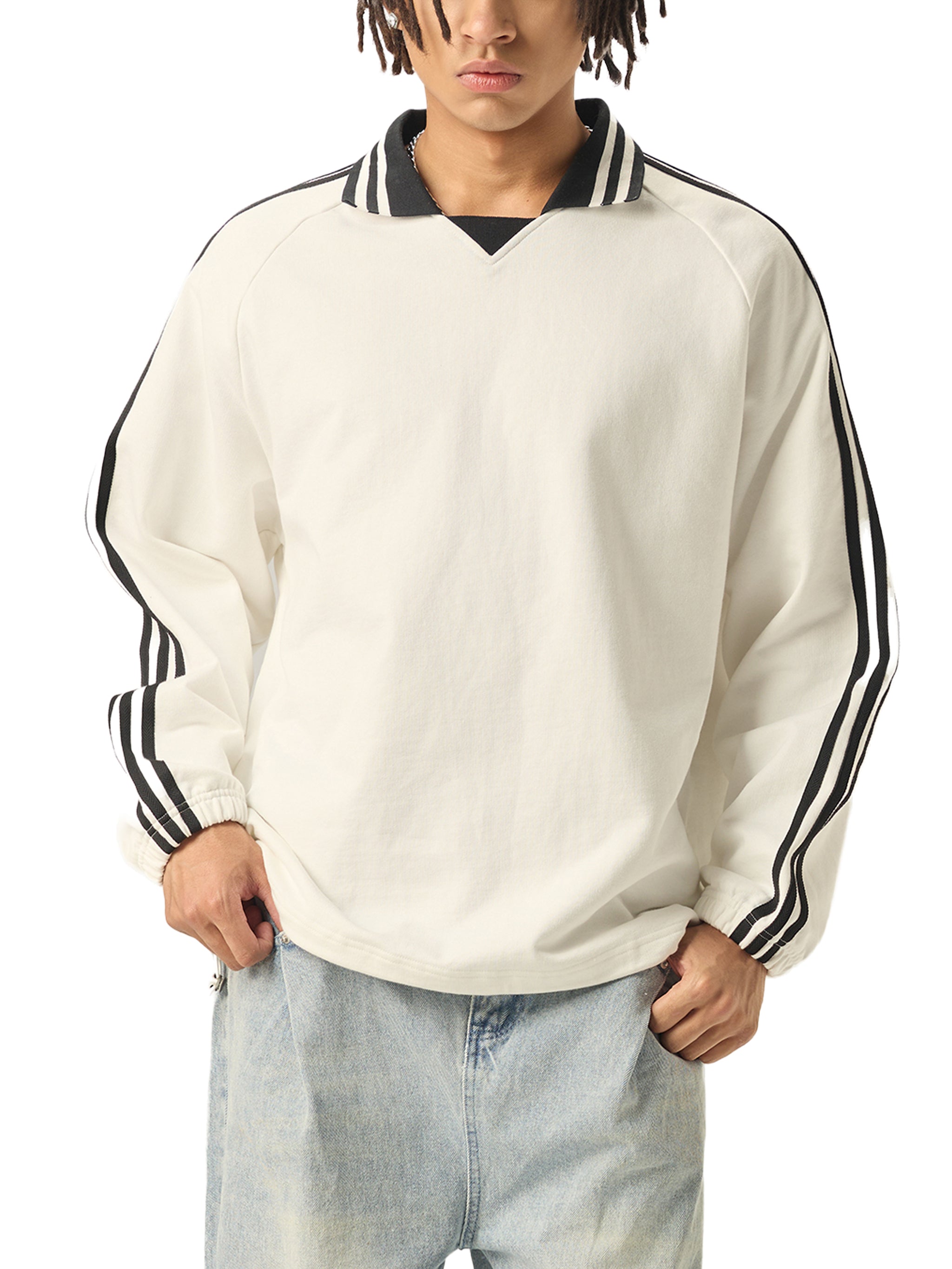 Oceans Contrast Striped Lapel Collar Sweatshirt