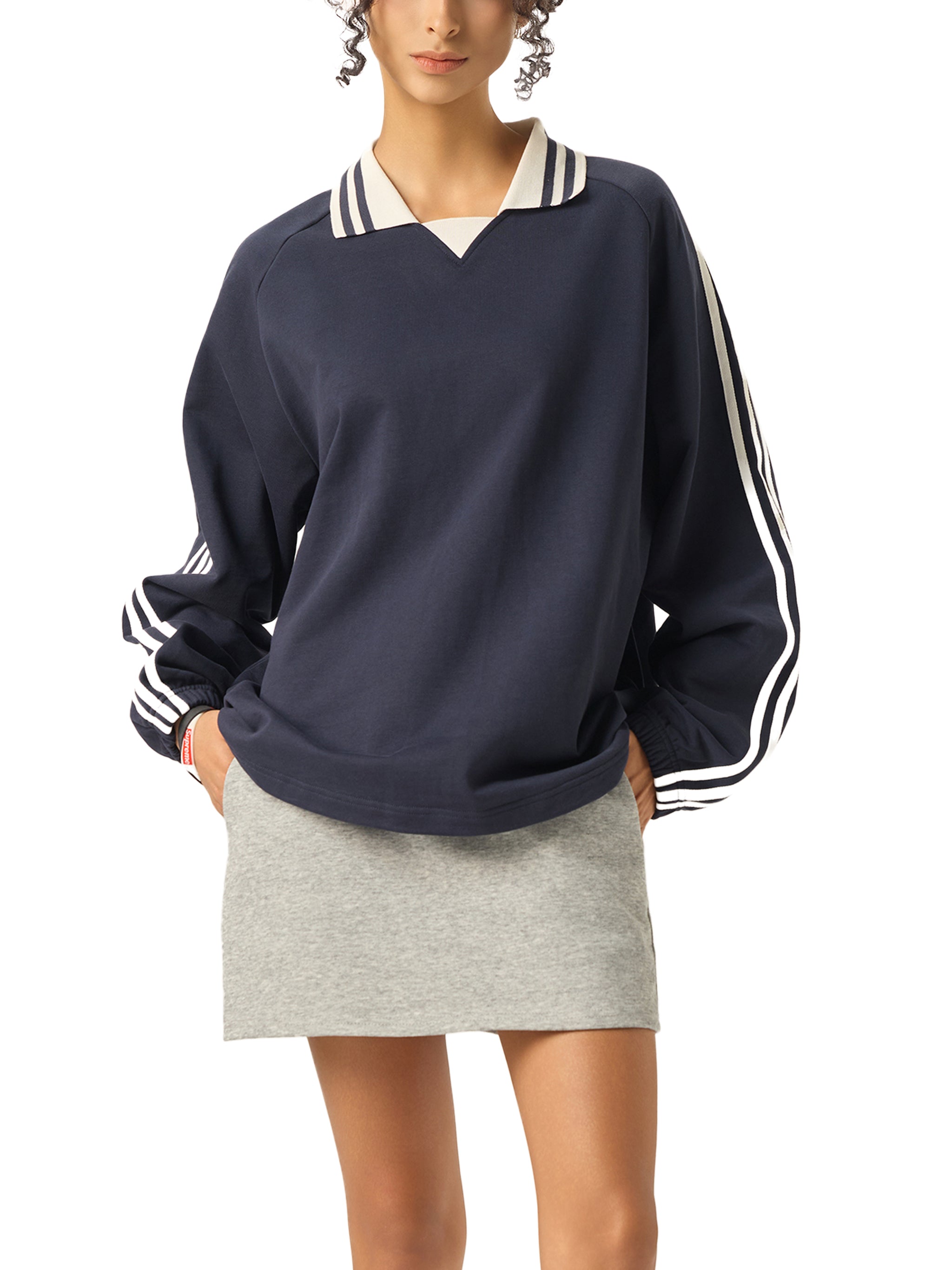 Oceans Contrast Striped Lapel Collar Sweatshirt