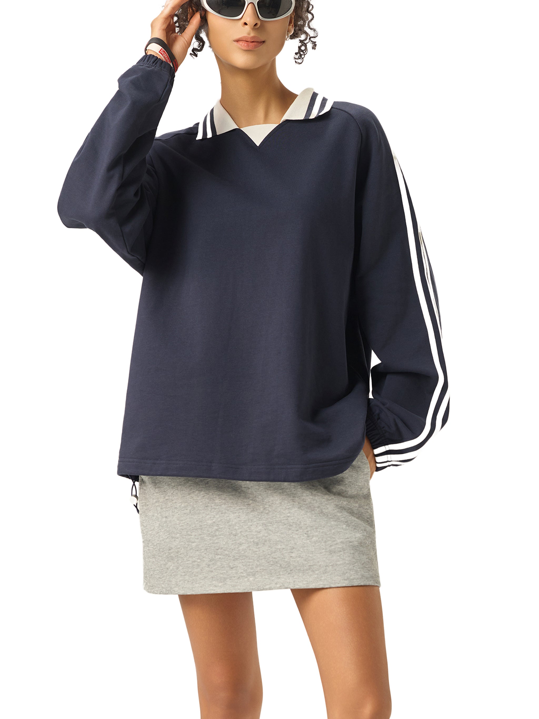 Oceans Contrast Striped Lapel Collar Sweatshirt